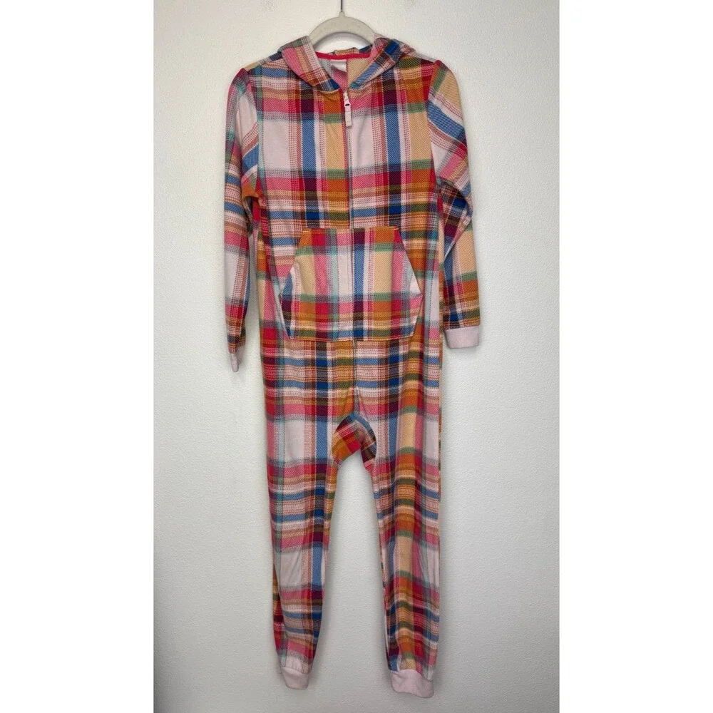 Cat & Jack Girls XL Plaid Union Suit One Piece Hooded Pajama Fleece Pink Red